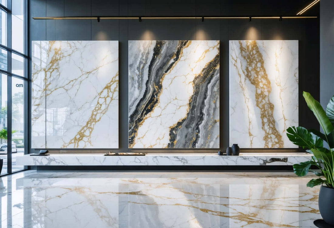 Premium printed quartz slabs Vietnam displayed in a modern showroom, highlighting elegant veining and superior craftsmanship