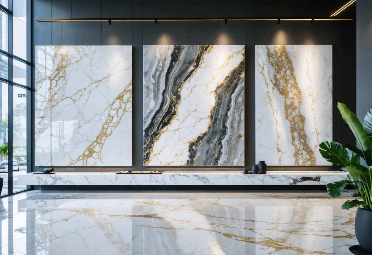 Premium printed quartz slabs Vietnam displayed in a modern showroom, highlighting elegant veining and superior craftsmanship