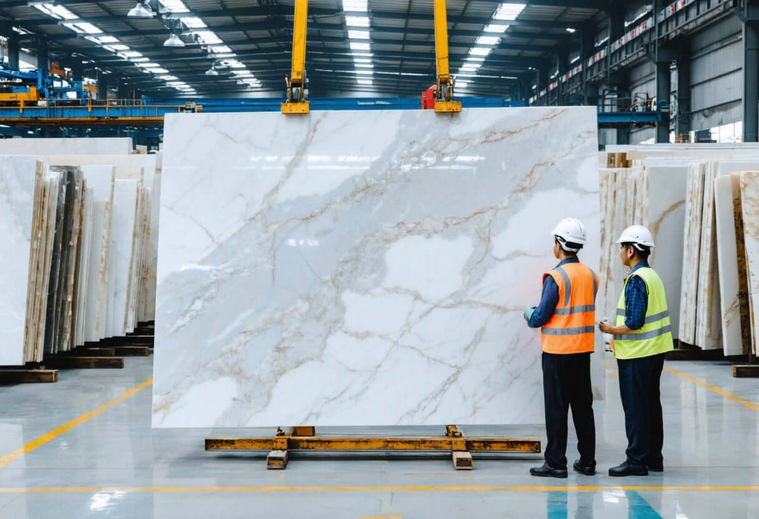 Engineers inspecting premium quartz slabs at a leading quartz slabs factory in Vietnam for quality assurance
