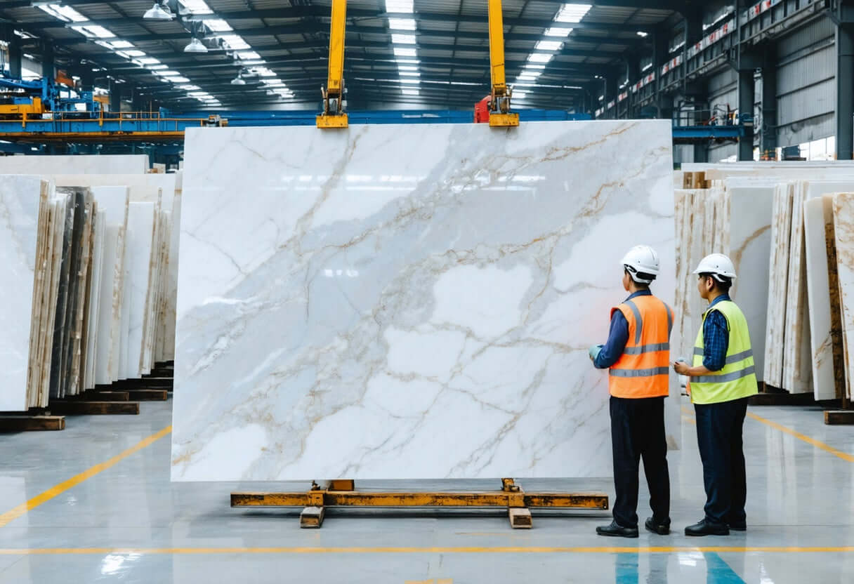 Engineers inspecting premium quartz slabs at a leading quartz slabs factory in Vietnam for quality assurance