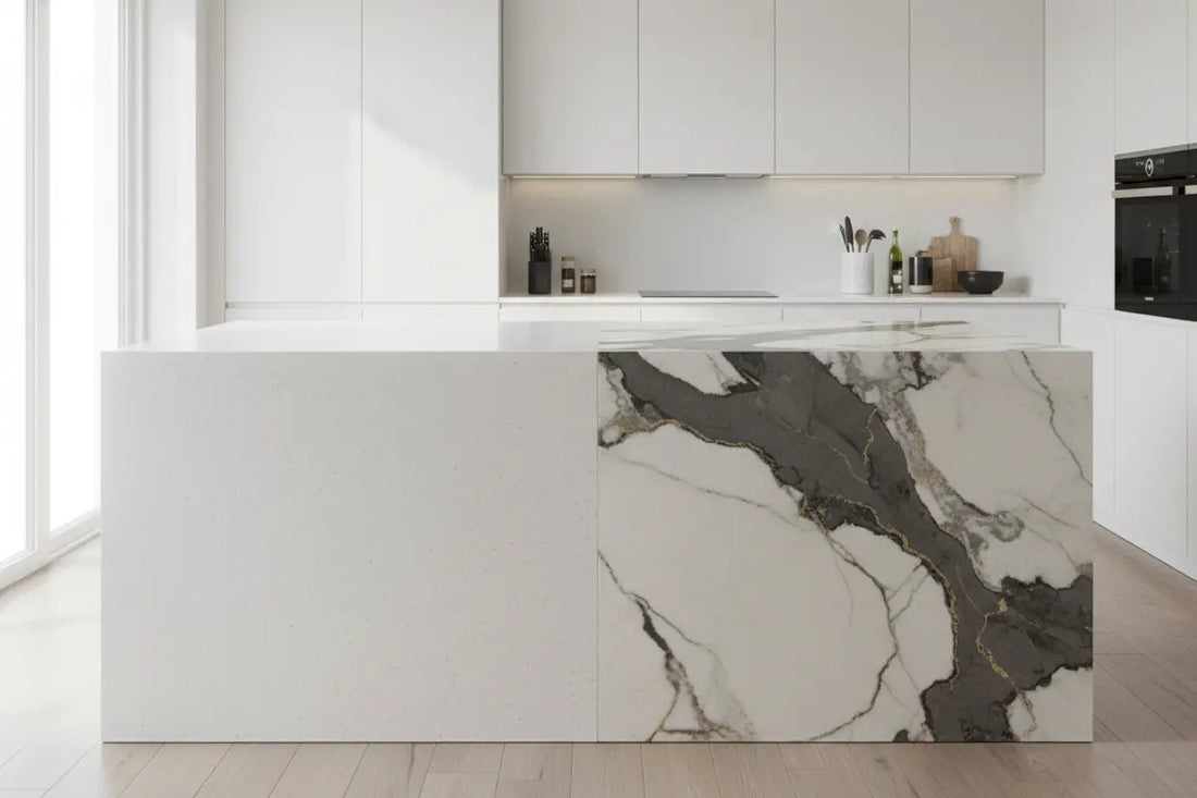 Modern kitchen island showcasing engineered stone vs natural stone countertop options for stylish home design choices