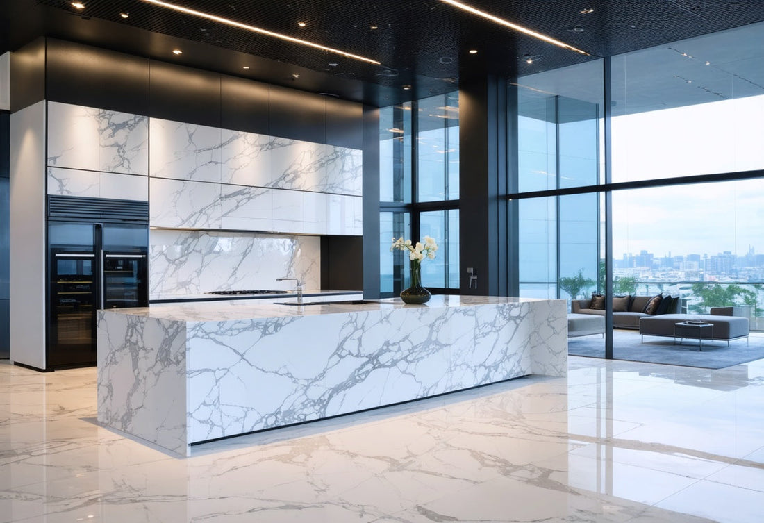 Modern kitchen featuring full-body printed quartz engineered stone from Viet Nam with elegant marble-inspired veining
