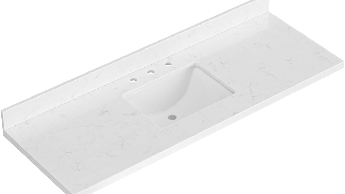 60 inch Bathroom Vanity top with Sink,  Carrara White Quartz top, Single Porcelain Sink, Includes Backsplash