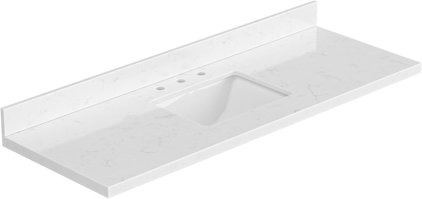 60 inch Bathroom Vanity top with Sink,  Carrara White Quartz top, Single Porcelain Sink, Includes Backsplash
