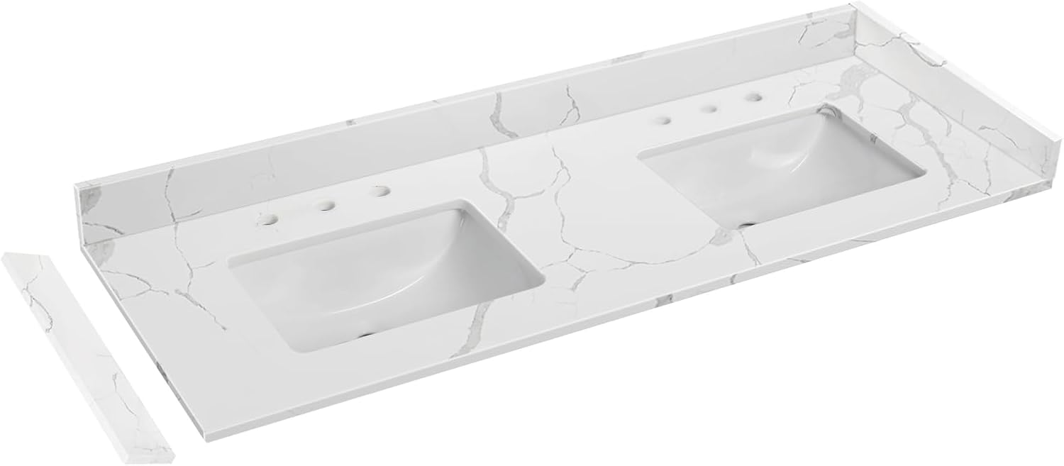 48 in.W x 22 in.D Quartz Calacatta River Vanity Top,with Undermount Single Middle Sink Vanity Top,with Two Sidesplash & One Backsplash,8 Inch Faucet Hole Spread Bathroom Vanity Sink Countertop