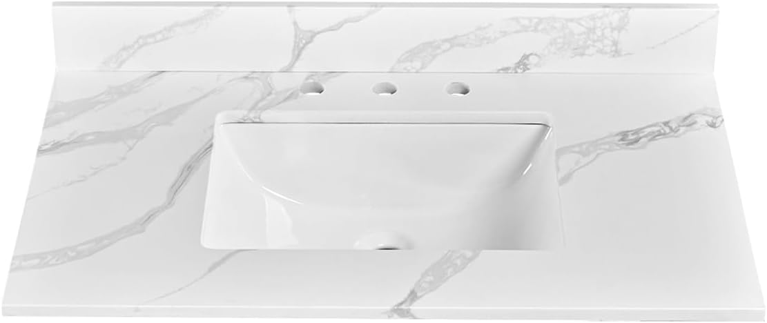 30 in. W x 22 in D Quartz Vanity Top in Calacatta Rocky, Vanity Sink Top with Assembled Single Drop-in Sink, Pre-Drilled Single Faucet Hole Countertop with 4" H Backsplash