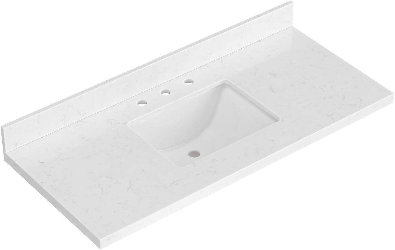 60 inch Bathroom Vanity top with Sink,  Carrara White Quartz top, Single Porcelain Sink, Includes Backsplash
