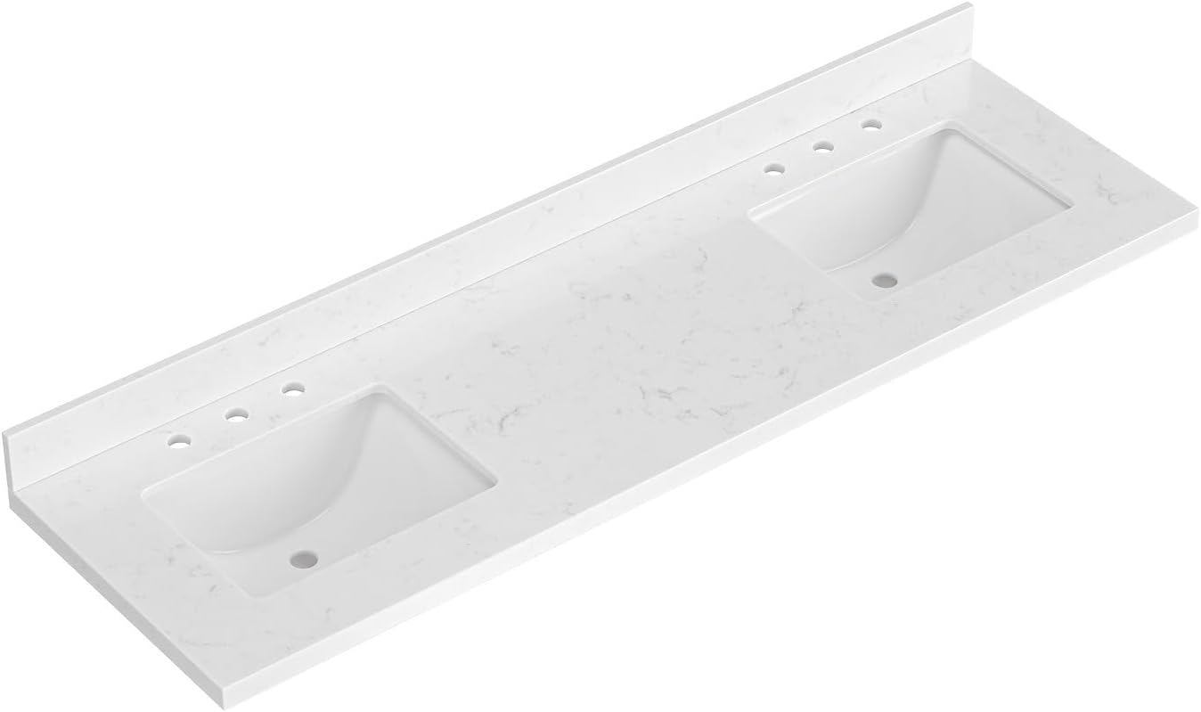 60 inch Bathroom Vanity top with Sink,  Carrara White Quartz top, Single Porcelain Sink, Includes Backsplash