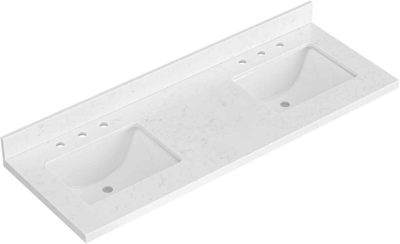 60 inch Bathroom Vanity top with Sink,  Carrara White Quartz top, Single Porcelain Sink, Includes Backsplash