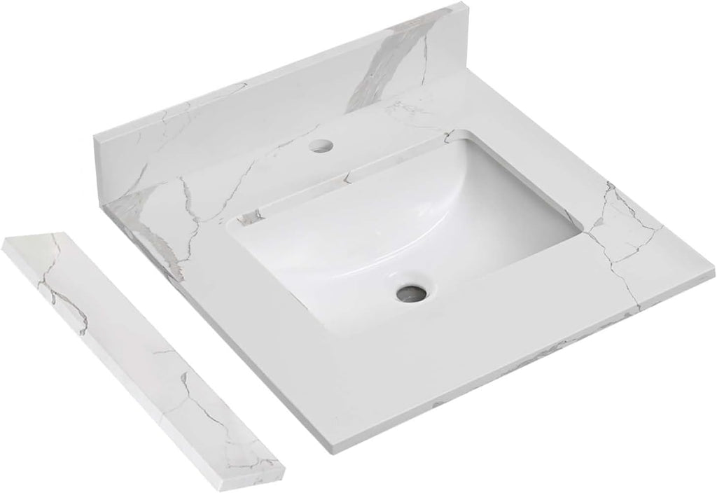 48 in.W x 22 in.D Quartz Calacatta River Vanity Top,with Undermount Single Middle Sink Vanity Top,with Two Sidesplash & One Backsplash,8 Inch Faucet Hole Spread Bathroom Vanity Sink Countertop