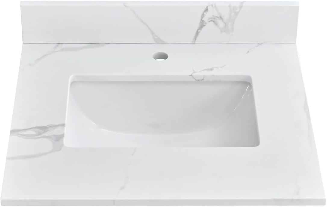 30 in. W x 22 in D Quartz Vanity Top in Calacatta Rocky, Vanity Sink Top with Assembled Single Drop-in Sink, Pre-Drilled Single Faucet Hole Countertop with 4" H Backsplash