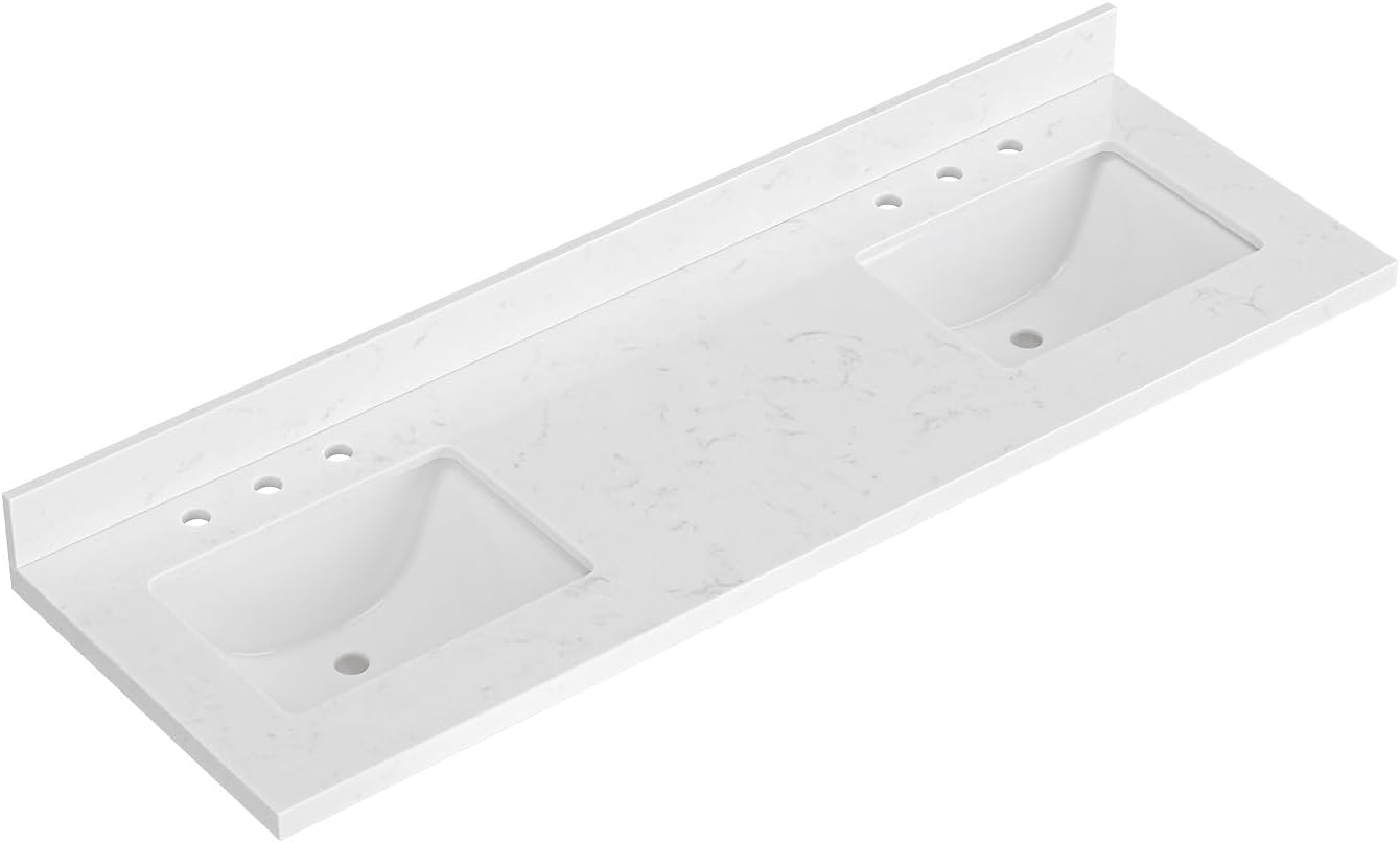 60 inch Bathroom Vanity top with Sink,  Carrara White Quartz top, Single Porcelain Sink, Includes Backsplash