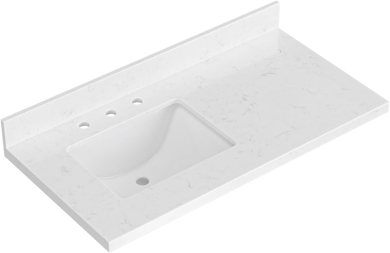 60 inch Bathroom Vanity top with Sink,  Carrara White Quartz top, Single Porcelain Sink, Includes Backsplash