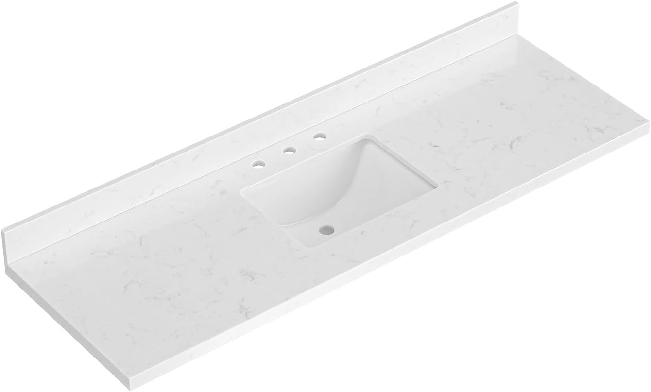 60 inch Bathroom Vanity top with Sink,  Carrara White Quartz top, Single Porcelain Sink, Includes Backsplash