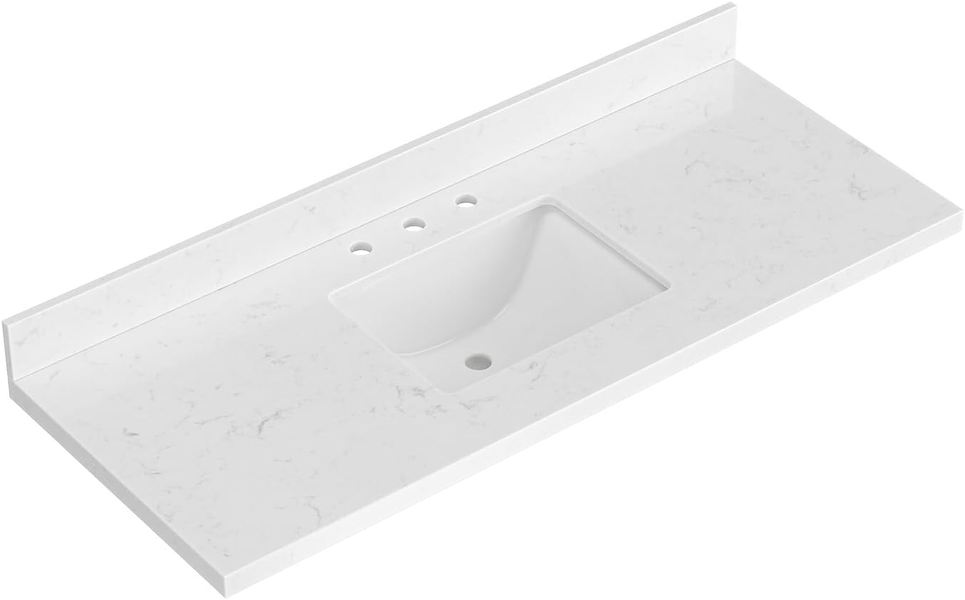 60 inch Bathroom Vanity top with Sink,  Carrara White Quartz top, Single Porcelain Sink, Includes Backsplash