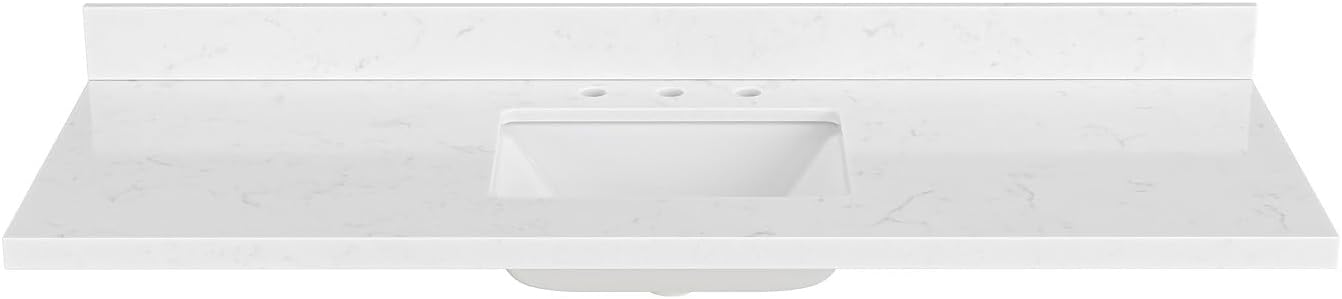60 inch Bathroom Vanity top with Sink,  Carrara White Quartz top, Single Porcelain Sink, Includes Backsplash