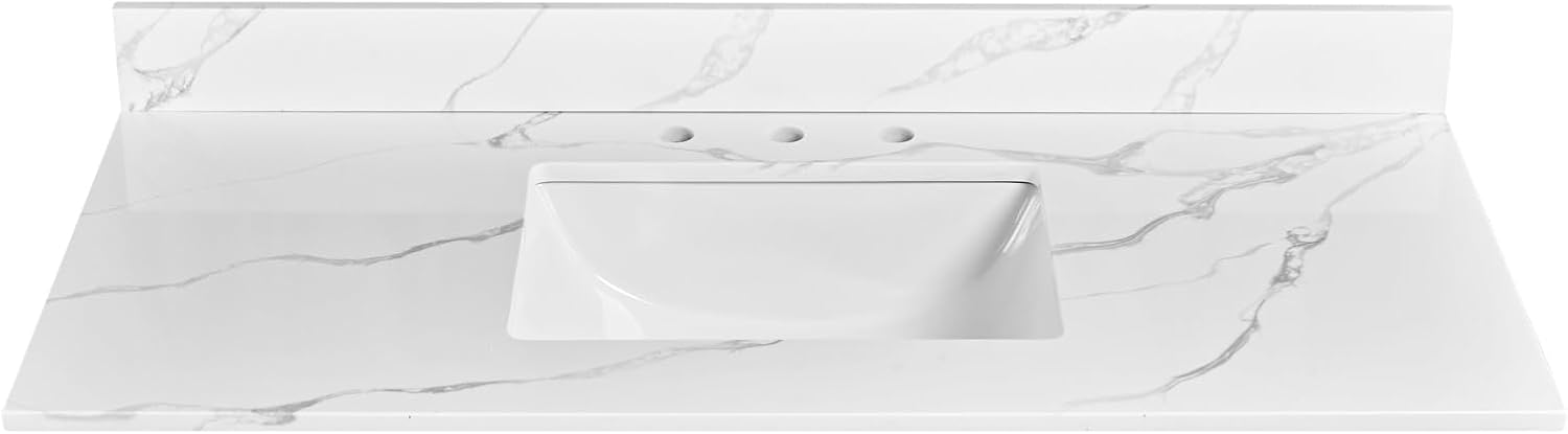 30 in. W x 22 in D Quartz Vanity Top in Calacatta Rocky, Vanity Sink Top with Assembled Single Drop-in Sink, Pre-Drilled Single Faucet Hole Countertop with 4" H Backsplash