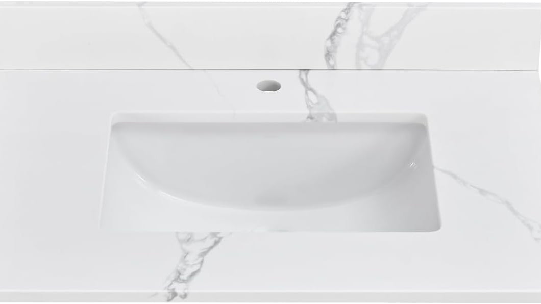 30 in. W x 22 in D Quartz Vanity Top in Calacatta Rocky, Vanity Sink Top with Assembled Single Drop-in Sink, Pre-Drilled Single Faucet Hole Countertop with 4" H Backsplash