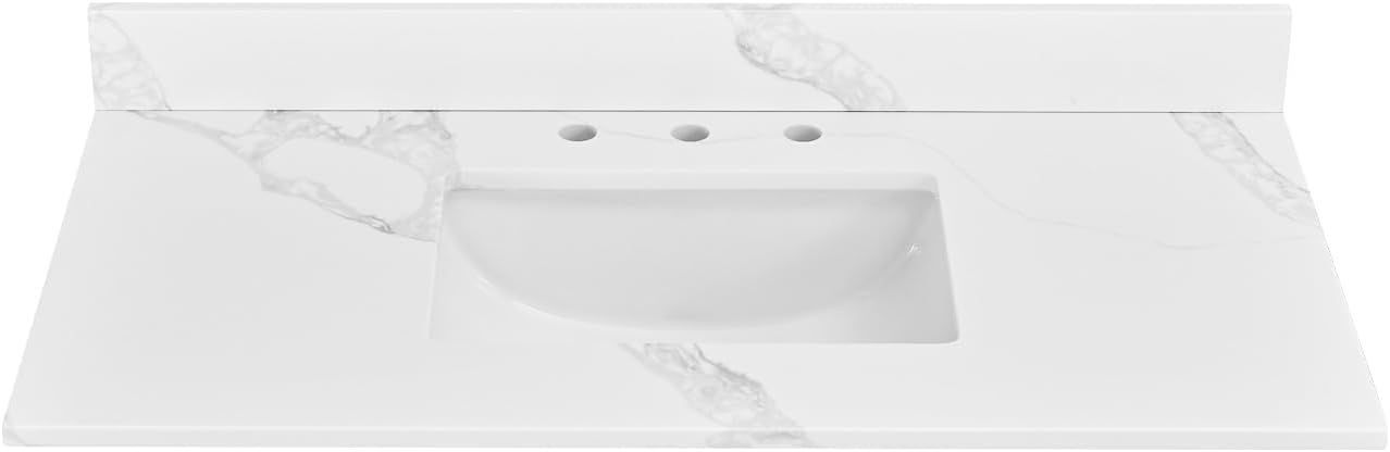 30 in. W x 22 in D Quartz Vanity Top in Calacatta Rocky, Vanity Sink Top with Assembled Single Drop-in Sink, Pre-Drilled Single Faucet Hole Countertop with 4" H Backsplash