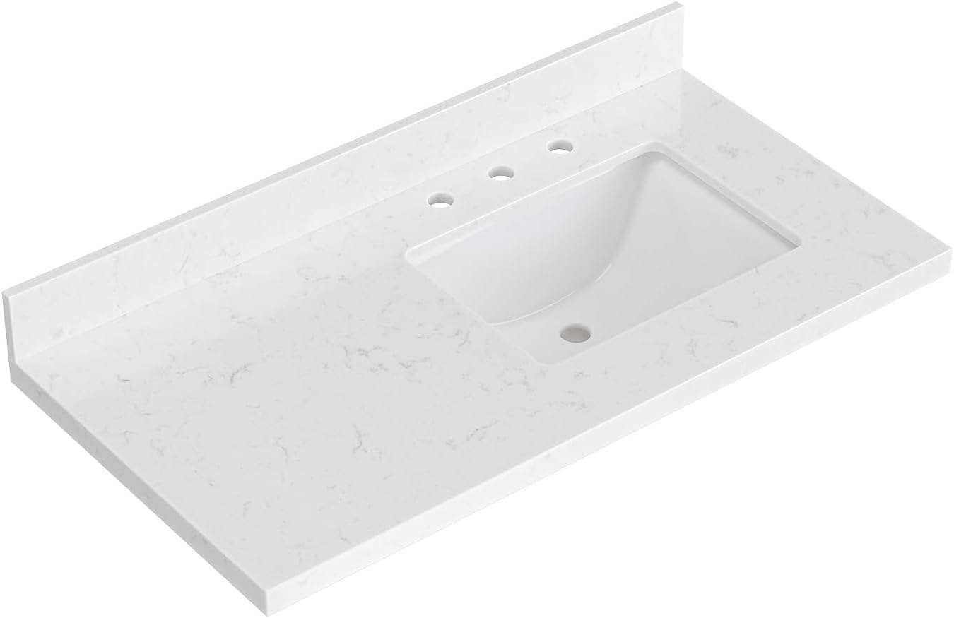 60 inch Bathroom Vanity top with Sink,  Carrara White Quartz top, Single Porcelain Sink, Includes Backsplash