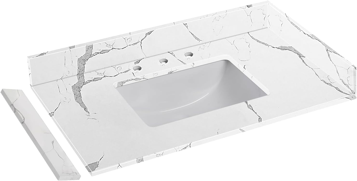 48 in.W x 22 in.D Quartz Calacatta River Vanity Top,with Undermount Single Middle Sink Vanity Top,with Two Sidesplash & One Backsplash,8 Inch Faucet Hole Spread Bathroom Vanity Sink Countertop