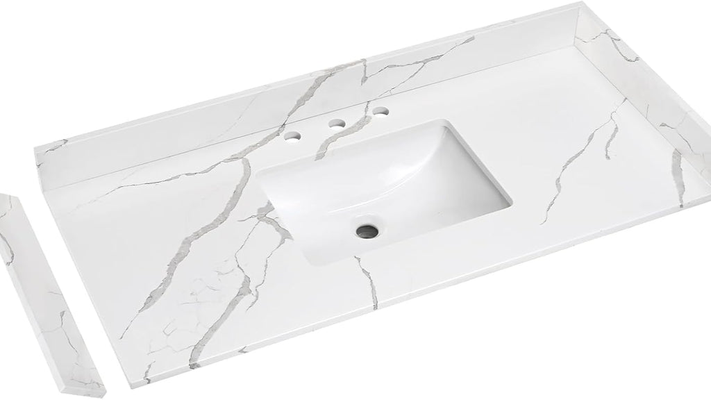 48 in.W x 22 in.D Quartz Calacatta River Vanity Top,with Undermount Single Middle Sink Vanity Top,with Two Sidesplash & One Backsplash,8 Inch Faucet Hole Spread Bathroom Vanity Sink Countertop