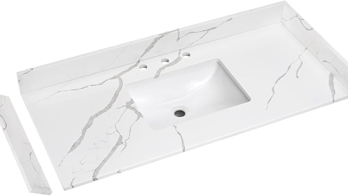 48 in.W x 22 in.D Quartz Calacatta River Vanity Top,with Undermount Single Middle Sink Vanity Top,with Two Sidesplash & One Backsplash,8 Inch Faucet Hole Spread Bathroom Vanity Sink Countertop