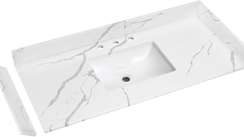 48 in.W x 22 in.D Quartz Calacatta River Vanity Top,with Undermount Single Middle Sink Vanity Top,with Two Sidesplash & One Backsplash,8 Inch Faucet Hole Spread Bathroom Vanity Sink Countertop