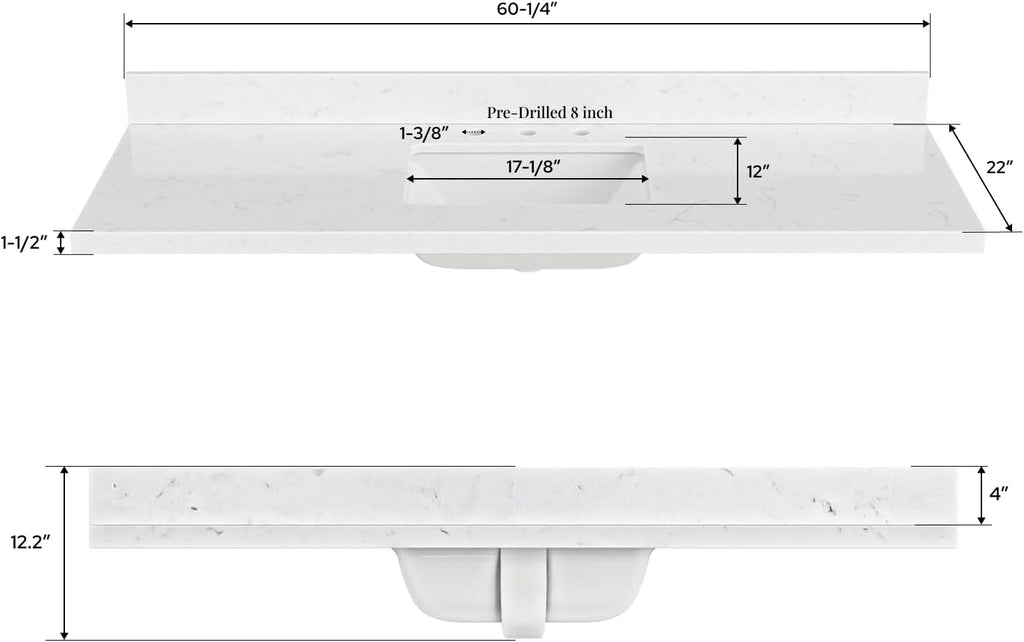 60 inch Bathroom Vanity top with Sink,  Carrara White Quartz top, Single Porcelain Sink, Includes Backsplash