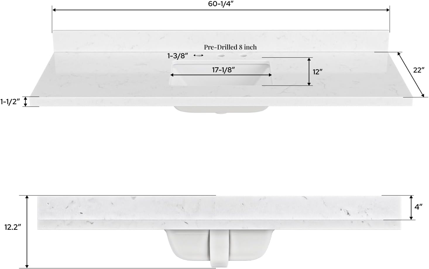 60 inch Bathroom Vanity top with Sink,  Carrara White Quartz top, Single Porcelain Sink, Includes Backsplash