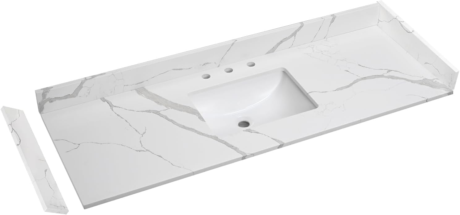 48 in.W x 22 in.D Quartz Calacatta River Vanity Top,with Undermount Single Middle Sink Vanity Top,with Two Sidesplash & One Backsplash,8 Inch Faucet Hole Spread Bathroom Vanity Sink Countertop