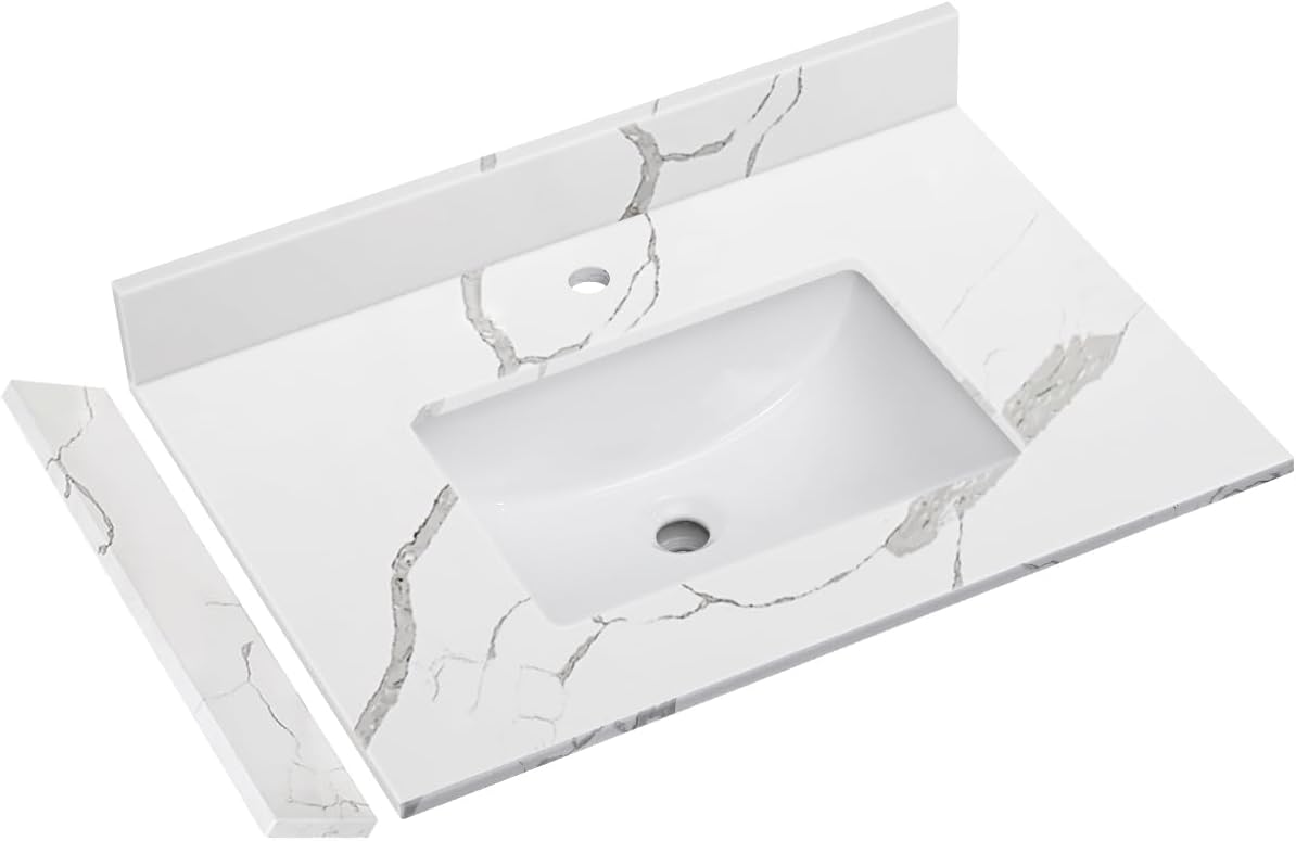 48 in.W x 22 in.D Quartz Calacatta River Vanity Top,with Undermount Single Middle Sink Vanity Top,with Two Sidesplash & One Backsplash,8 Inch Faucet Hole Spread Bathroom Vanity Sink Countertop