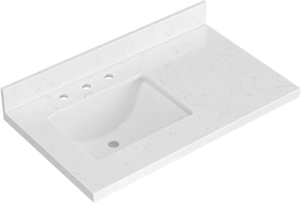 60 inch Bathroom Vanity top with Sink,  Carrara White Quartz top, Single Porcelain Sink, Includes Backsplash
