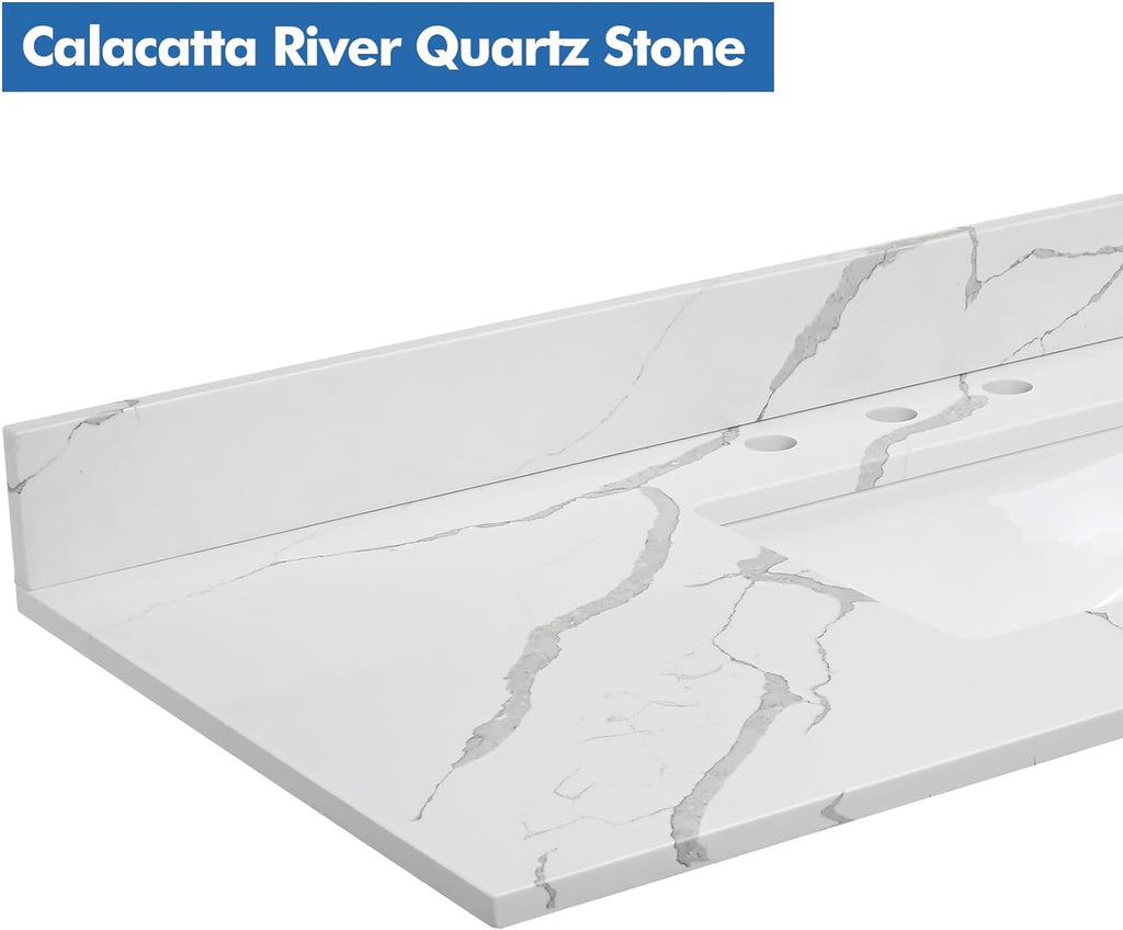 48 in.W x 22 in.D Quartz Calacatta River Vanity Top,with Undermount Single Middle Sink Vanity Top,with Two Sidesplash & One Backsplash,8 Inch Faucet Hole Spread Bathroom Vanity Sink Countertop