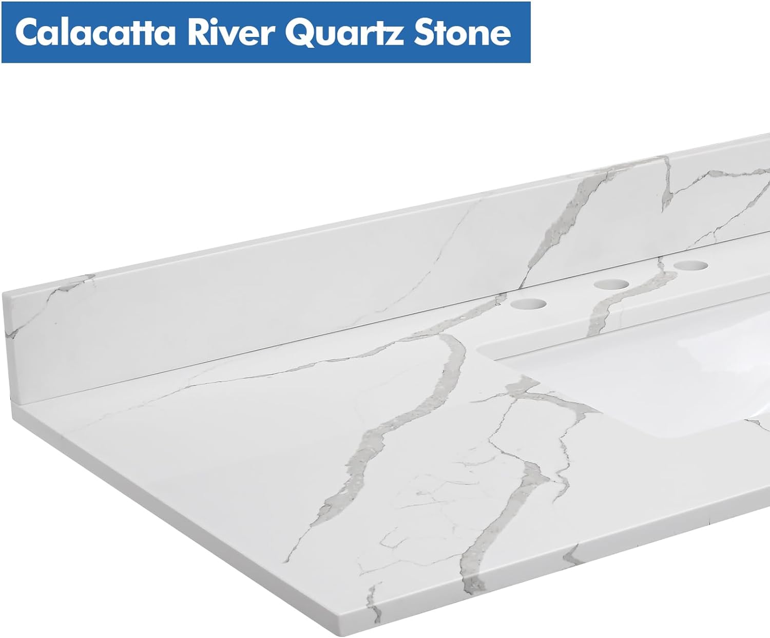 48 in.W x 22 in.D Quartz Calacatta River Vanity Top,with Undermount Single Middle Sink Vanity Top,with Two Sidesplash & One Backsplash,8 Inch Faucet Hole Spread Bathroom Vanity Sink Countertop