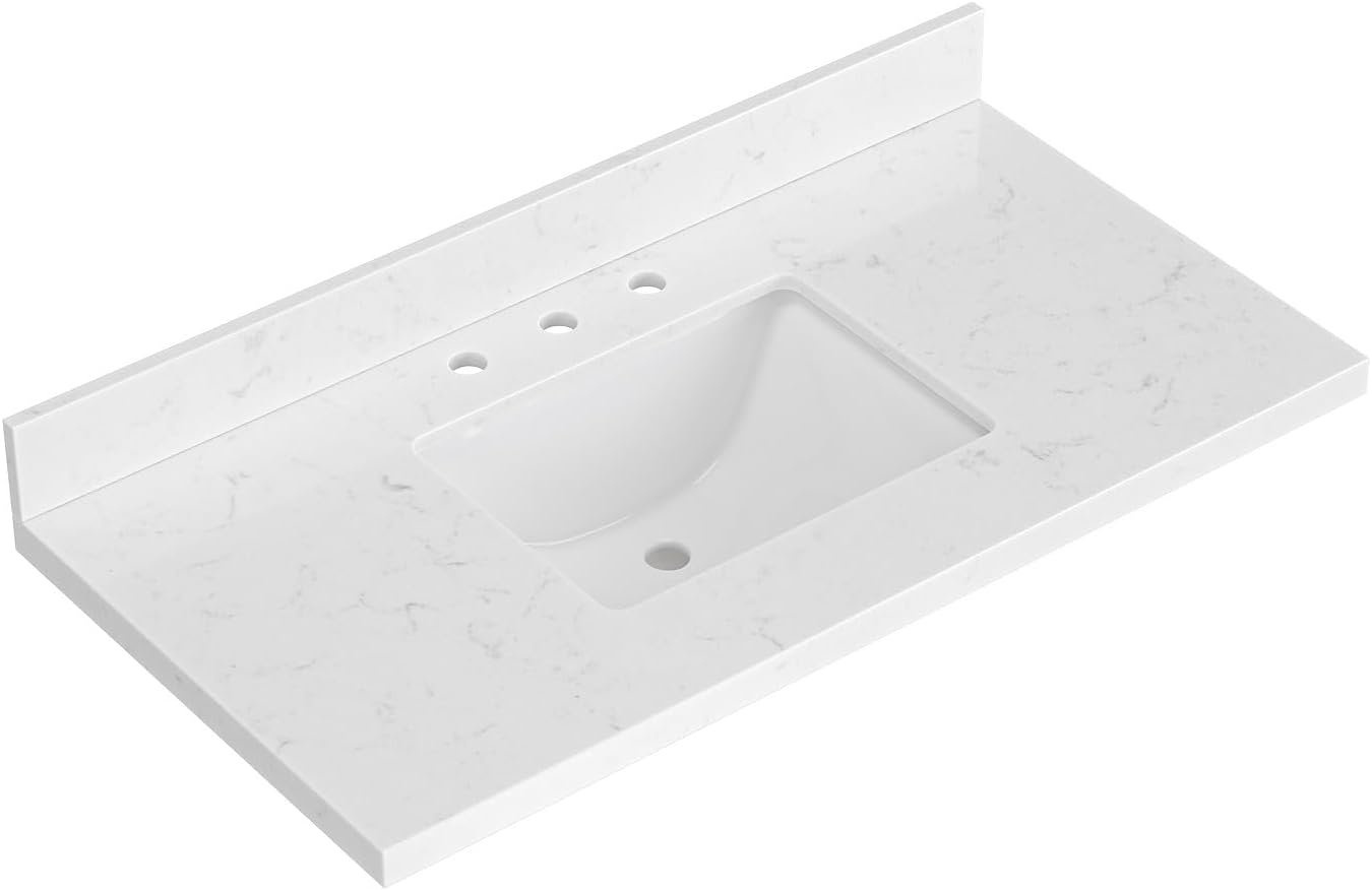 60 inch Bathroom Vanity top with Sink,  Carrara White Quartz top, Single Porcelain Sink, Includes Backsplash