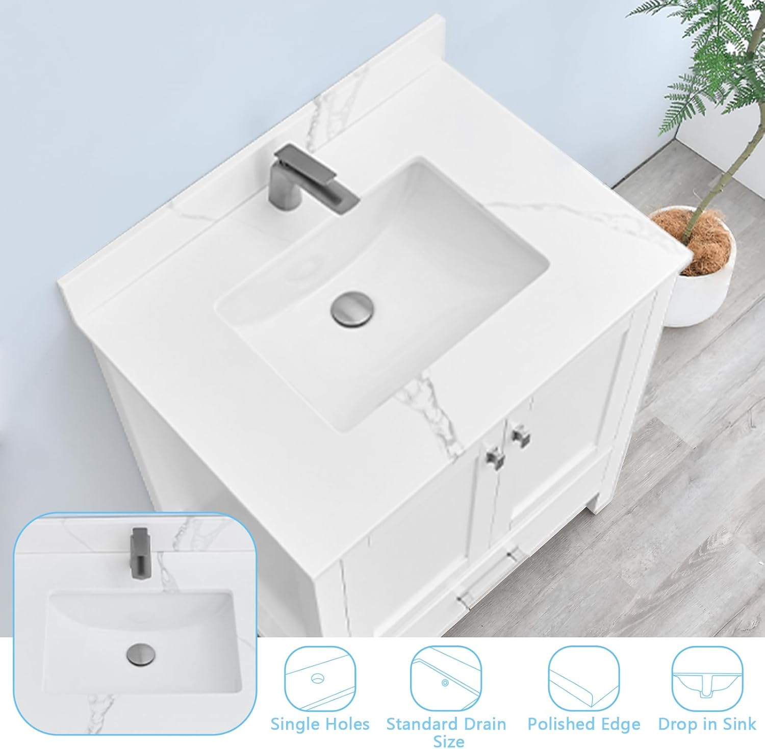 30 in. W x 22 in D Quartz Vanity Top in Calacatta Rocky, Vanity Sink Top with Assembled Single Drop-in Sink, Pre-Drilled Single Faucet Hole Countertop with 4" H Backsplash