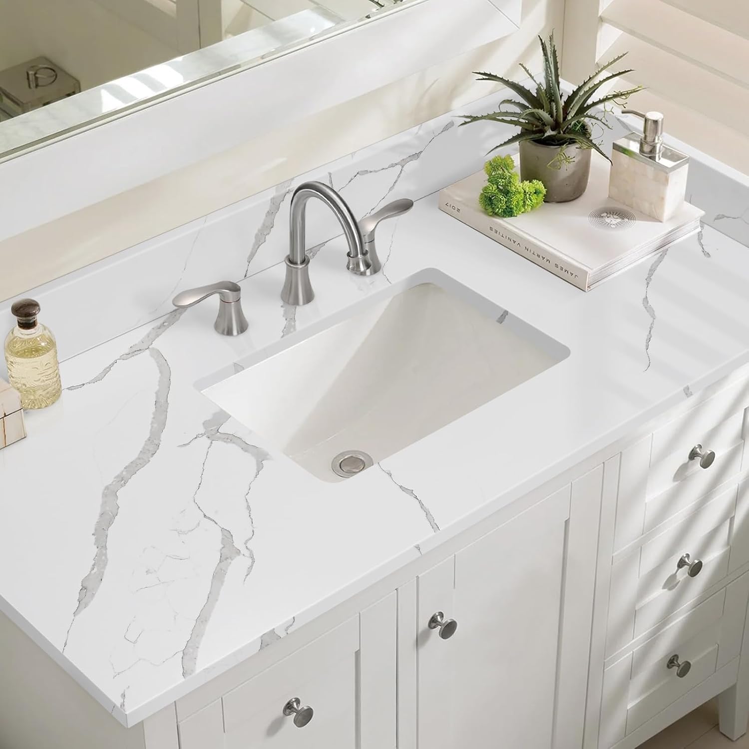 48 in.W x 22 in.D Quartz Calacatta River Vanity Top,with Undermount Single Middle Sink Vanity Top,with Two Sidesplash & One Backsplash,8 Inch Faucet Hole Spread Bathroom Vanity Sink Countertop