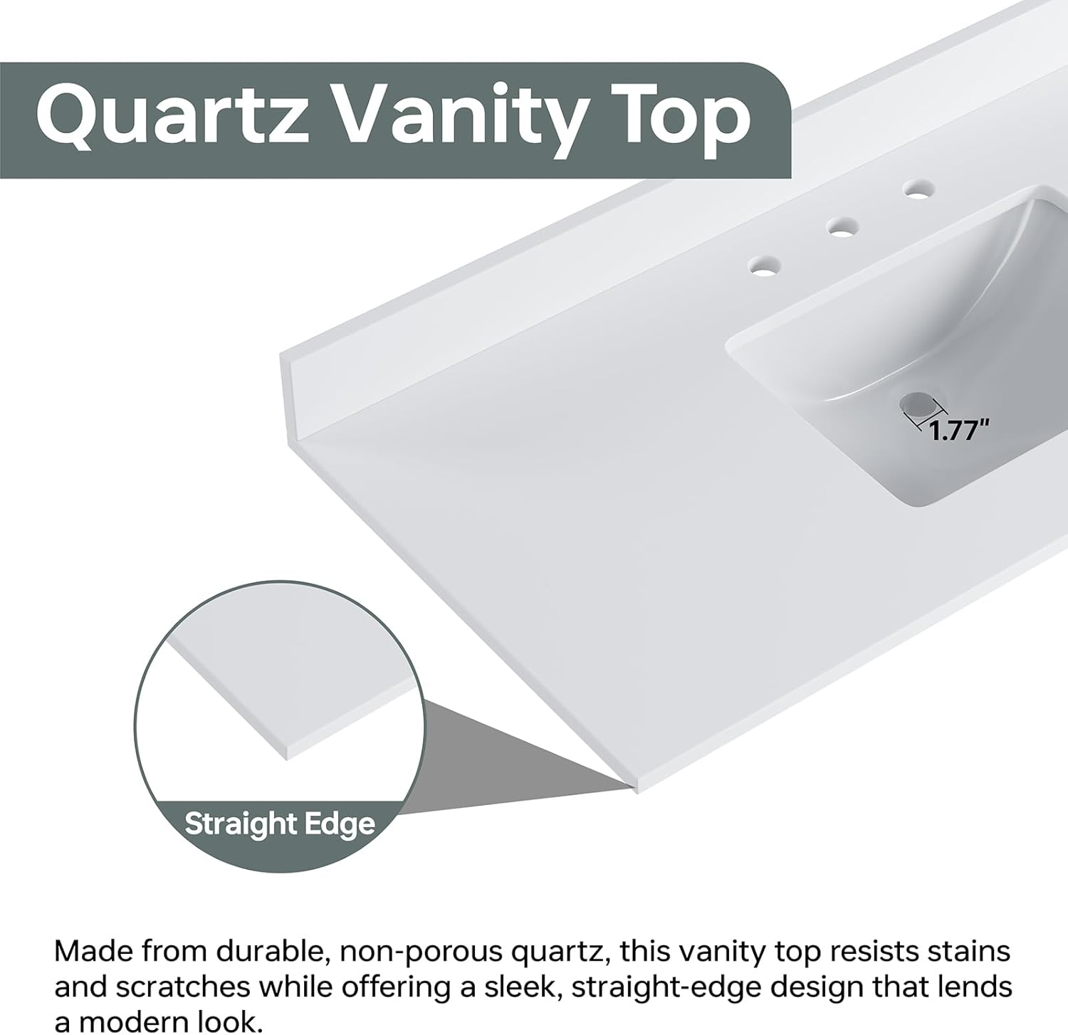 49"x22" Quartz Bathroom Vanity Top with Undermount Ceramic Sink, Bathroom Vanity Sink Top with 8" Faucet Hole, Vanity Top with Sink, 4" Backsplash, Snow White (Not Included Faucet)