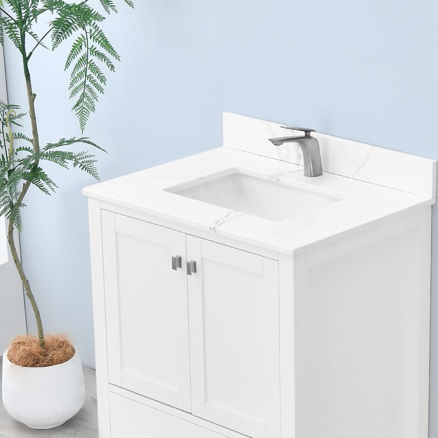 30 in. W x 22 in D Quartz Vanity Top in Calacatta Rocky, Vanity Sink Top with Assembled Single Drop-in Sink, Pre-Drilled Single Faucet Hole Countertop with 4" H Backsplash