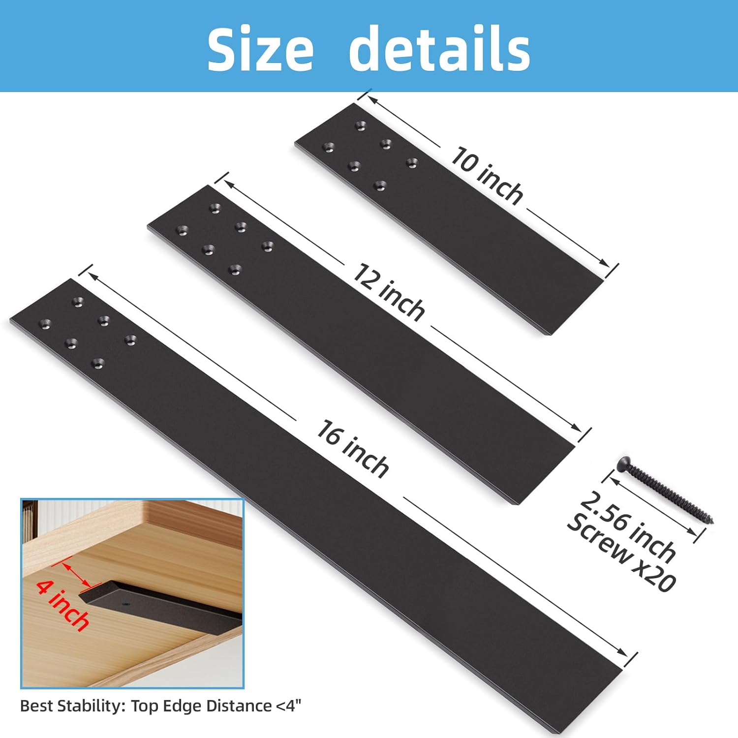 10 Inch Countertop Support Bracket, 3 Pack Solid Iron Heavy Duty Hidden Flat Floating Shelf Brackets, Top Mount Knee Wall Support Mantel Bracket Hardware for Wood Granite Quartz Countertop