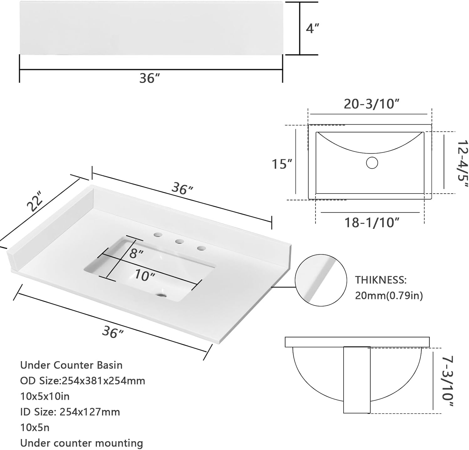 Pure White Quartz Vanity Top 36 x 22 with Sink