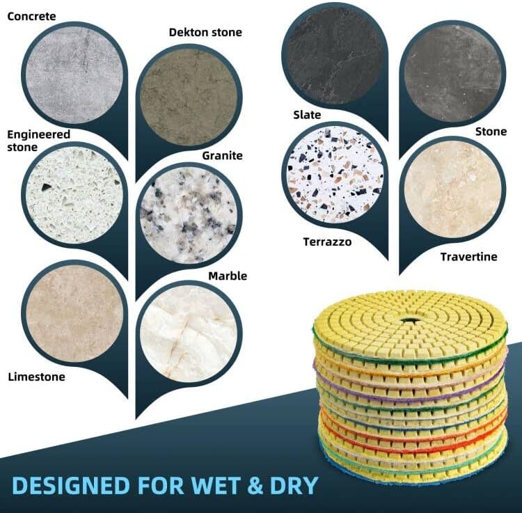 14 Pack 4 Inch Diamond Polishing Pads Kit with 2PCS 5/8’’-11 Backer Pad 12PCS Wet/Dry Polish Pad Set for Drill Grinder Polisher 50-8000 Grit Pads for Granite Marble Stone Concrete Countertop Quartz