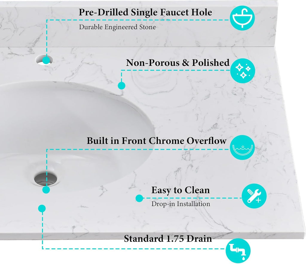 Engineered stone vanity top with round sink