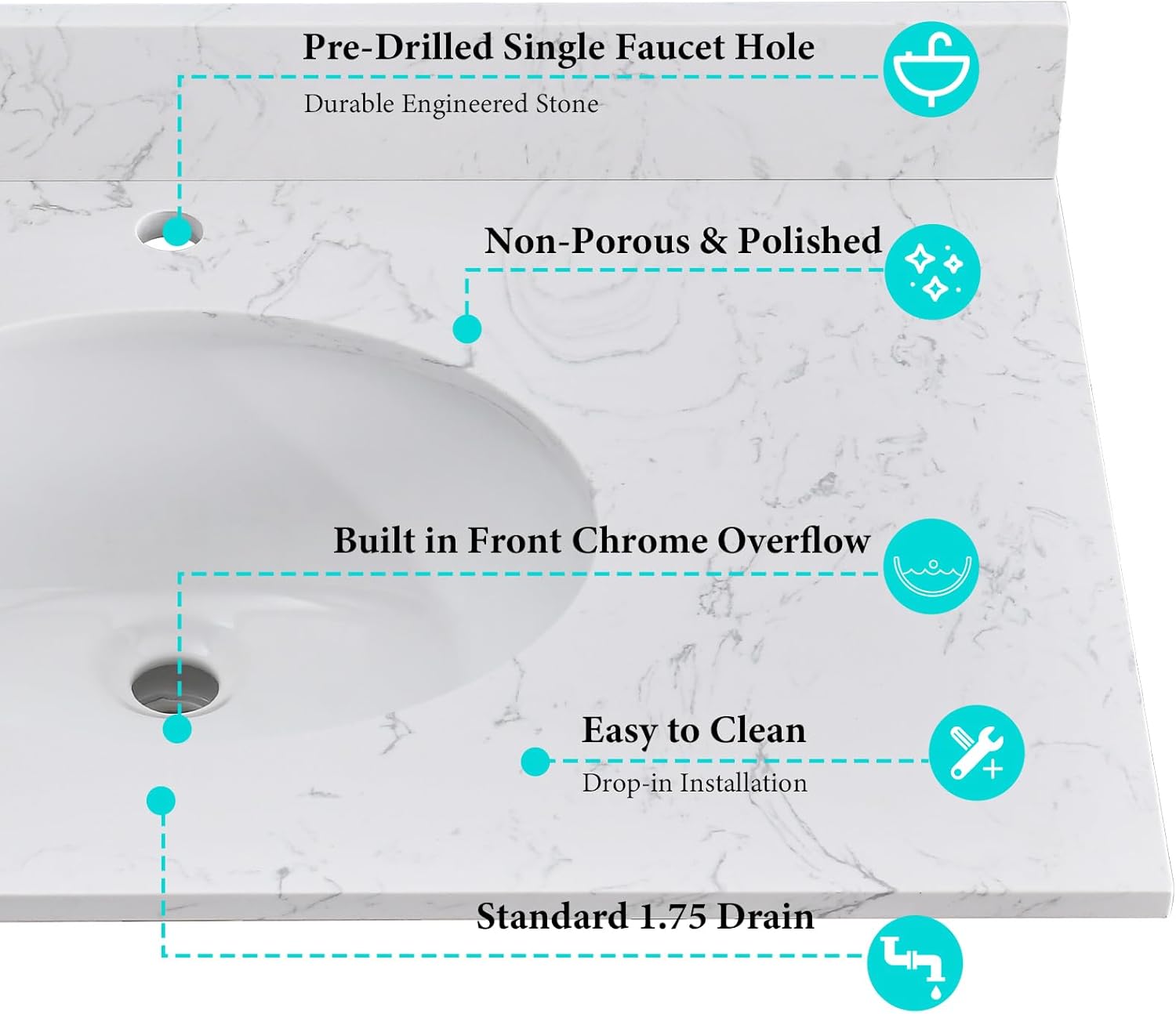 Engineered stone vanity top with round sink