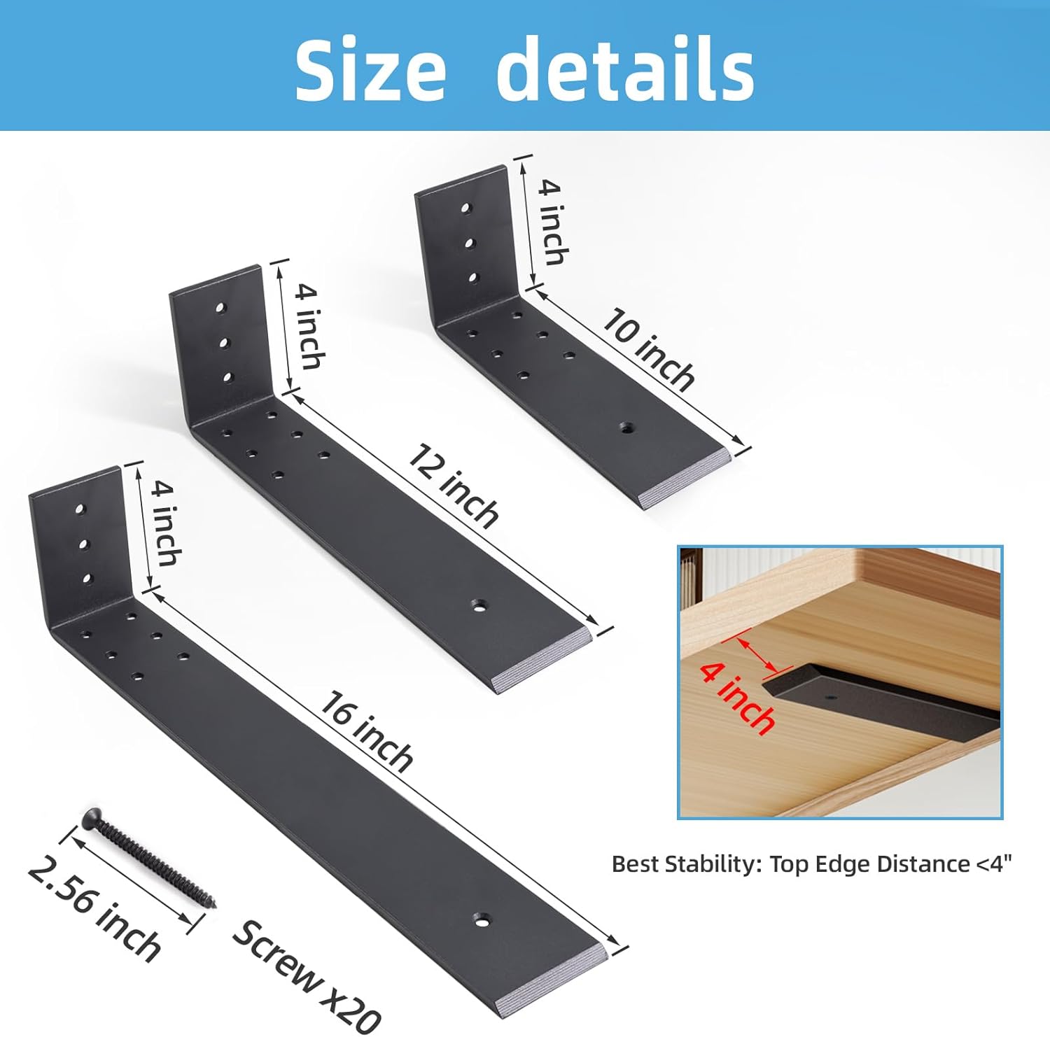12 Inch Countertop Support Bracket, 3 Pack Solid Iron Steel Heavy Duty Hidden Floating L Shelf Brackets, Shelving Support Metal Hardware for Mantel Granite Countertop