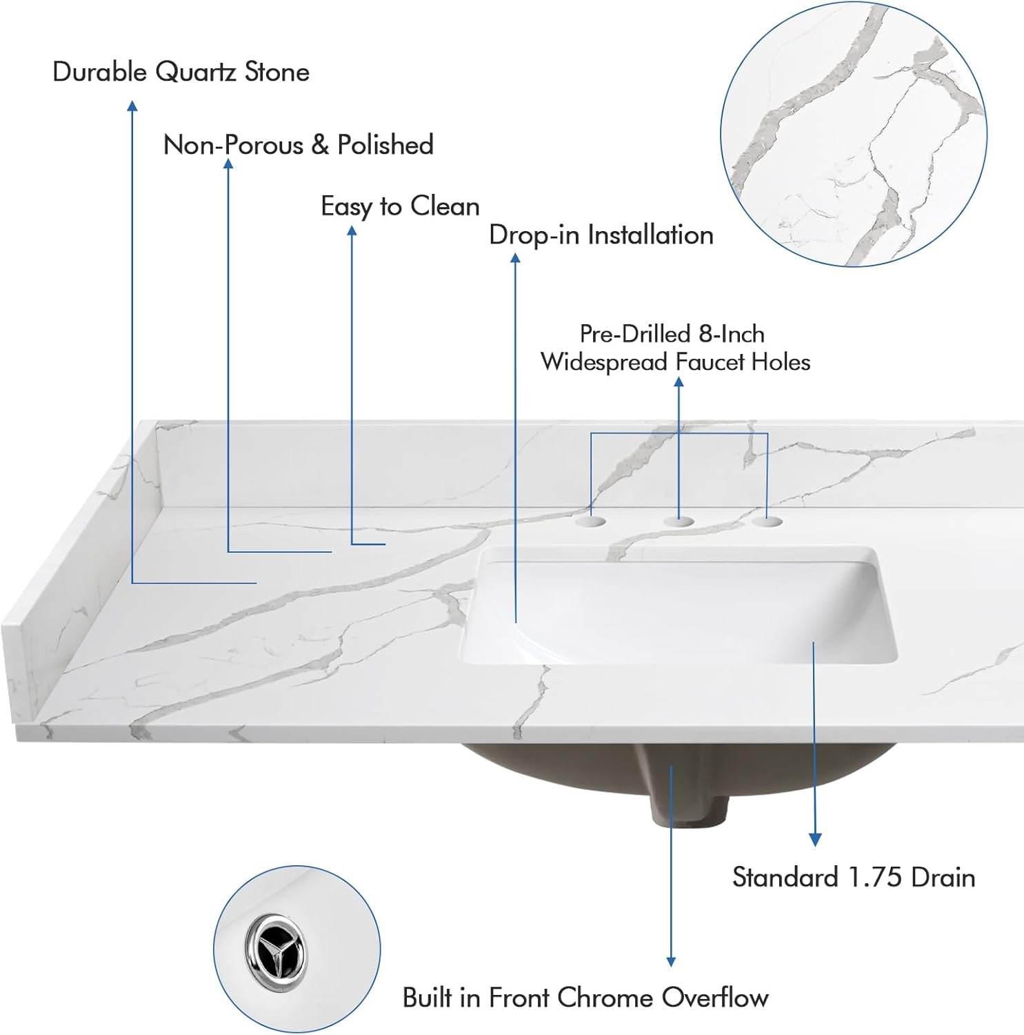 48 in.W x 22 in.D Quartz Calacatta River Vanity Top,with Undermount Single Middle Sink Vanity Top,with Two Sidesplash & One Backsplash,8 Inch Faucet Hole Spread Bathroom Vanity Sink Countertop
