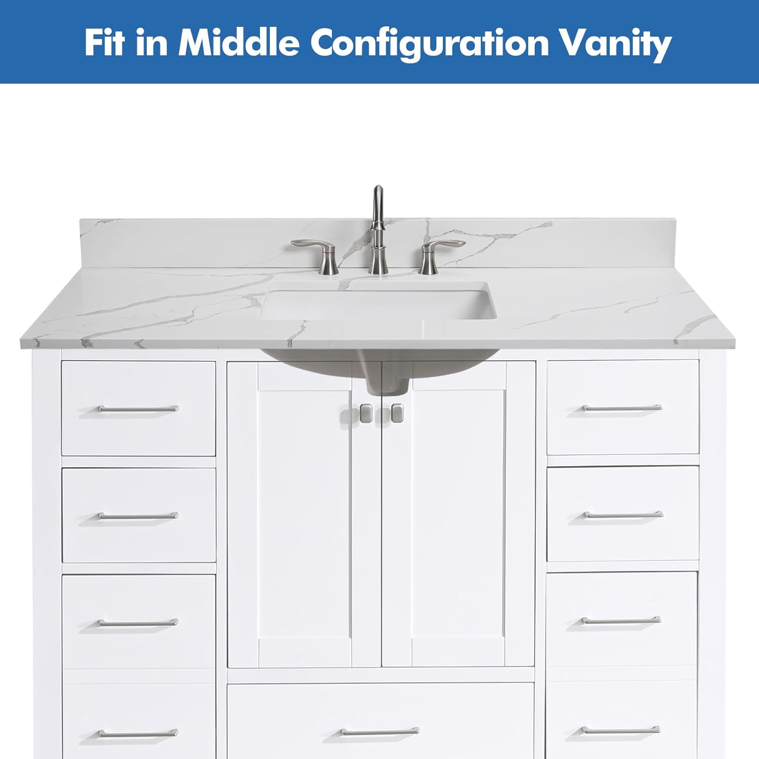 48 in.W x 22 in.D Quartz Calacatta River Vanity Top,with Undermount Single Middle Sink Vanity Top,with Two Sidesplash & One Backsplash,8 Inch Faucet Hole Spread Bathroom Vanity Sink Countertop