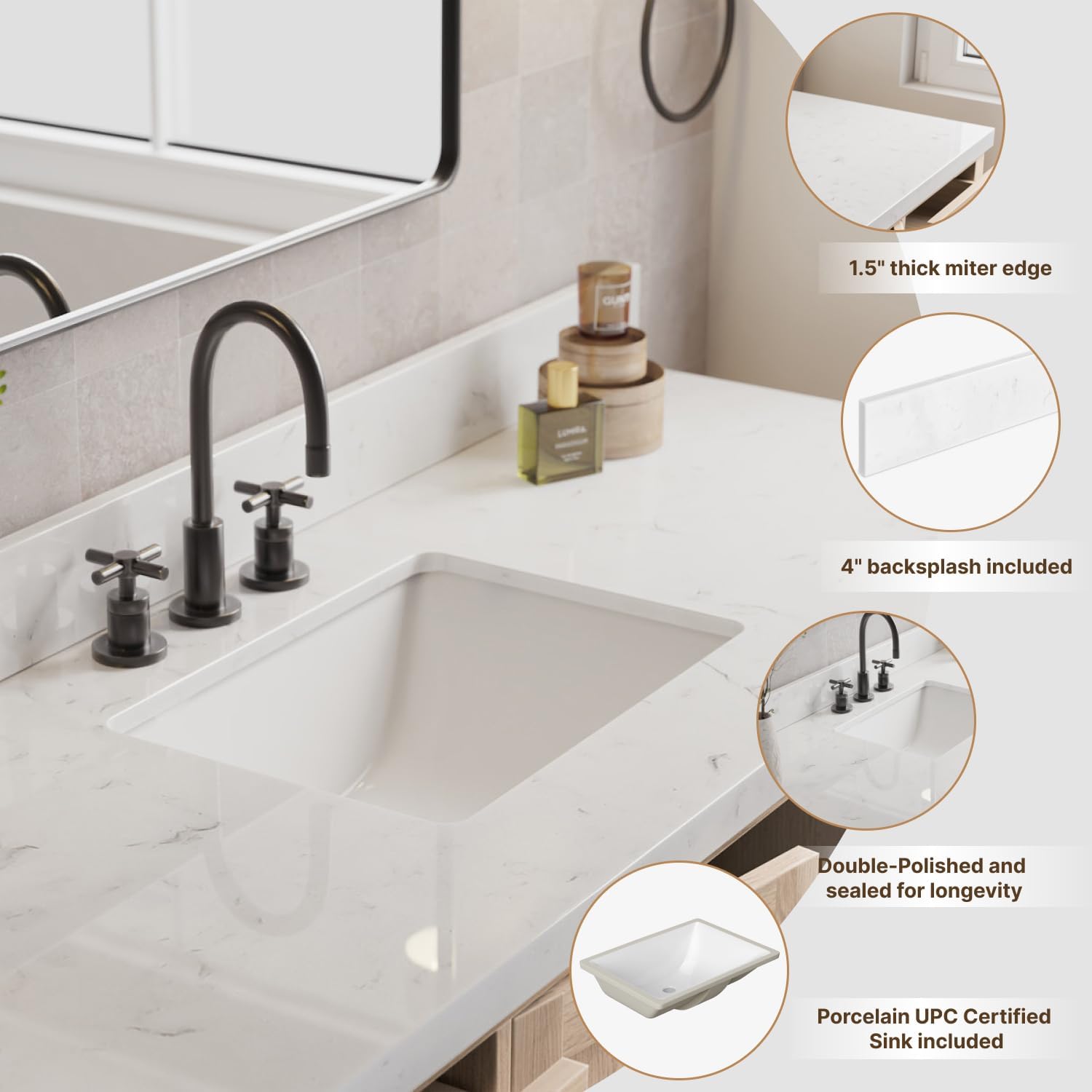 60 inch Bathroom Vanity top with Sink,  Carrara White Quartz top, Single Porcelain Sink, Includes Backsplash