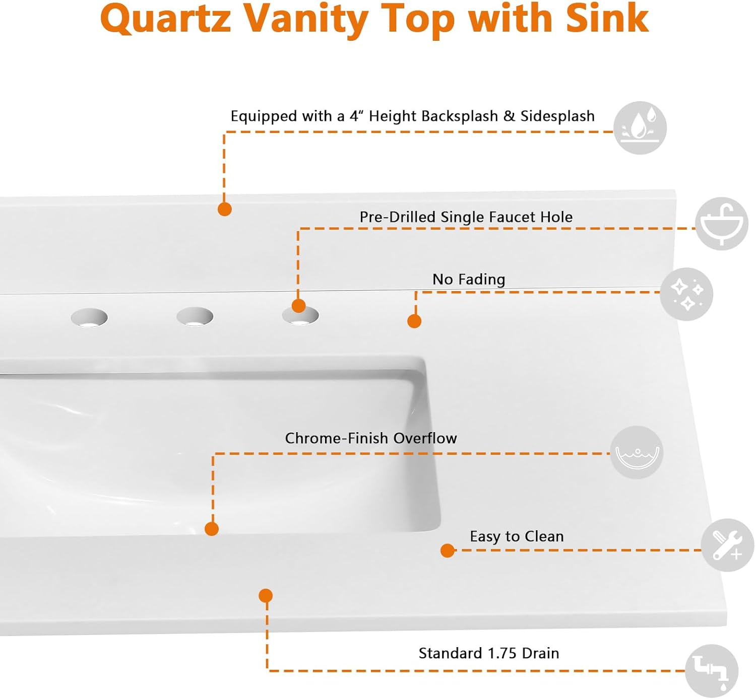 Pure White Quartz Vanity Top 36 x 22 with Sink